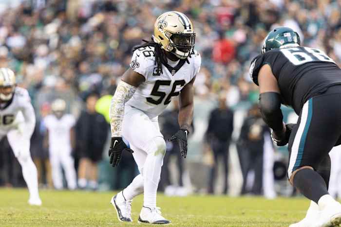 New Orleans Saints linebacker Demario Davis (56) against the Philadelphia Eagles. Mandatory Credit: Bill Streicher-USA TODAY Sports